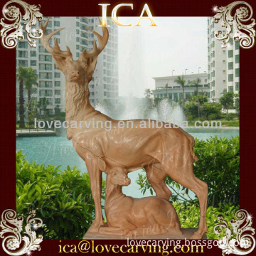 Out door life size red marble deer natural stone animal sculpture